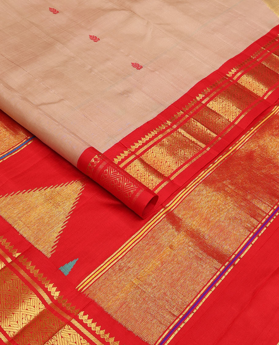 Sandal zari and thread buttas Kanchipuram silk saree, contrast one-sided korvai border of thikalam mokku, and jaal, and thazampoo rekku pallu
