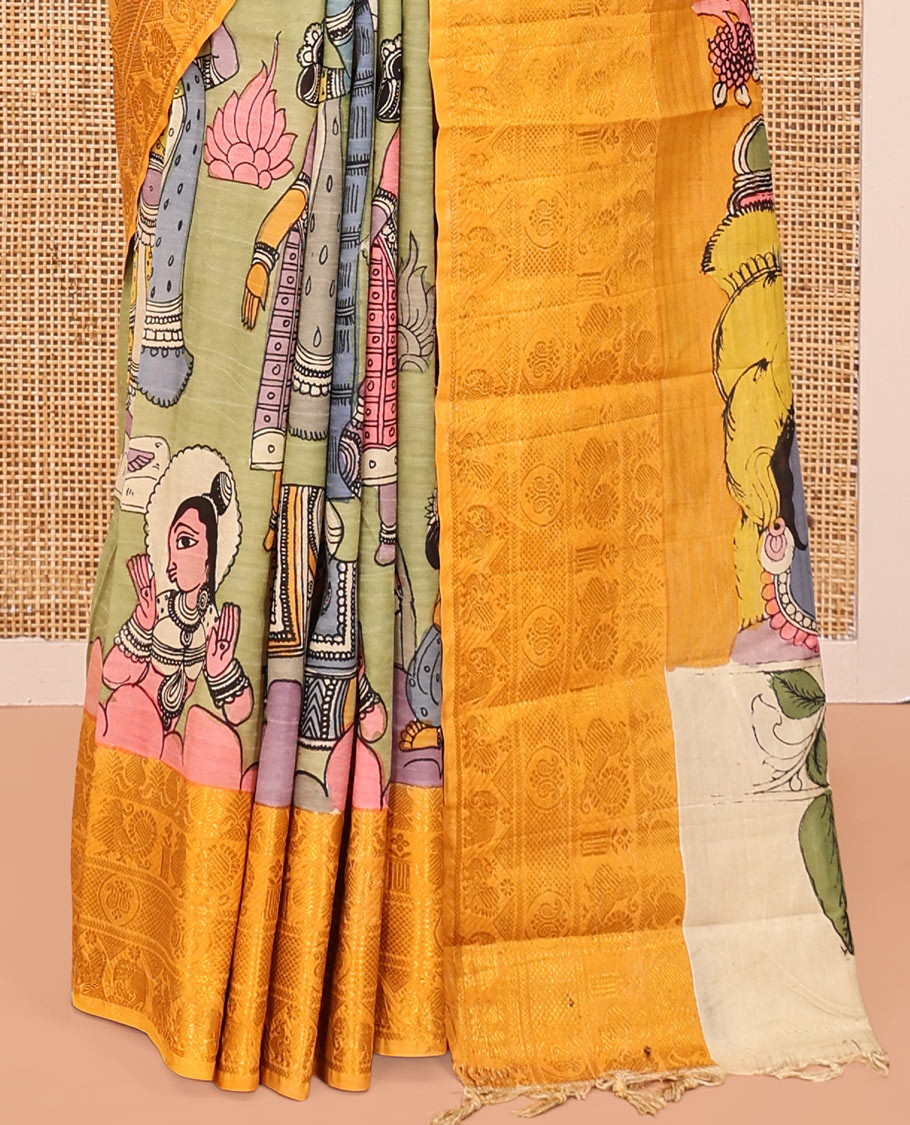 Green Kalamkari Printed Semi-Banarasi Tussar Saree, Enriched with Human Figurines, Contrast Traditional Border, Contrast Human Figurines Pallu, and a Contrast Blouse