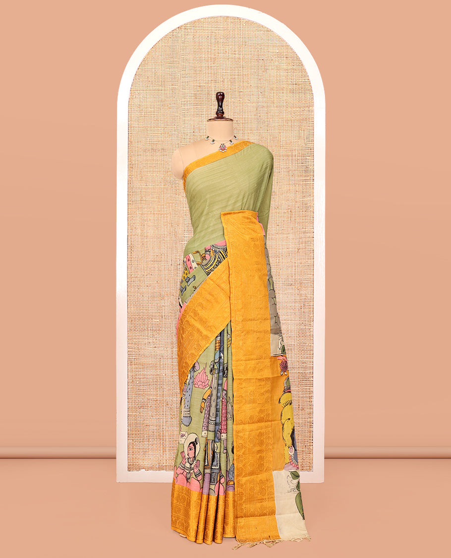 Green Kalamkari Printed Semi-Banarasi Tussar Saree, Enriched with Human Figurines, Contrast Traditional Border, Contrast Human Figurines Pallu, and a Contrast Blouse