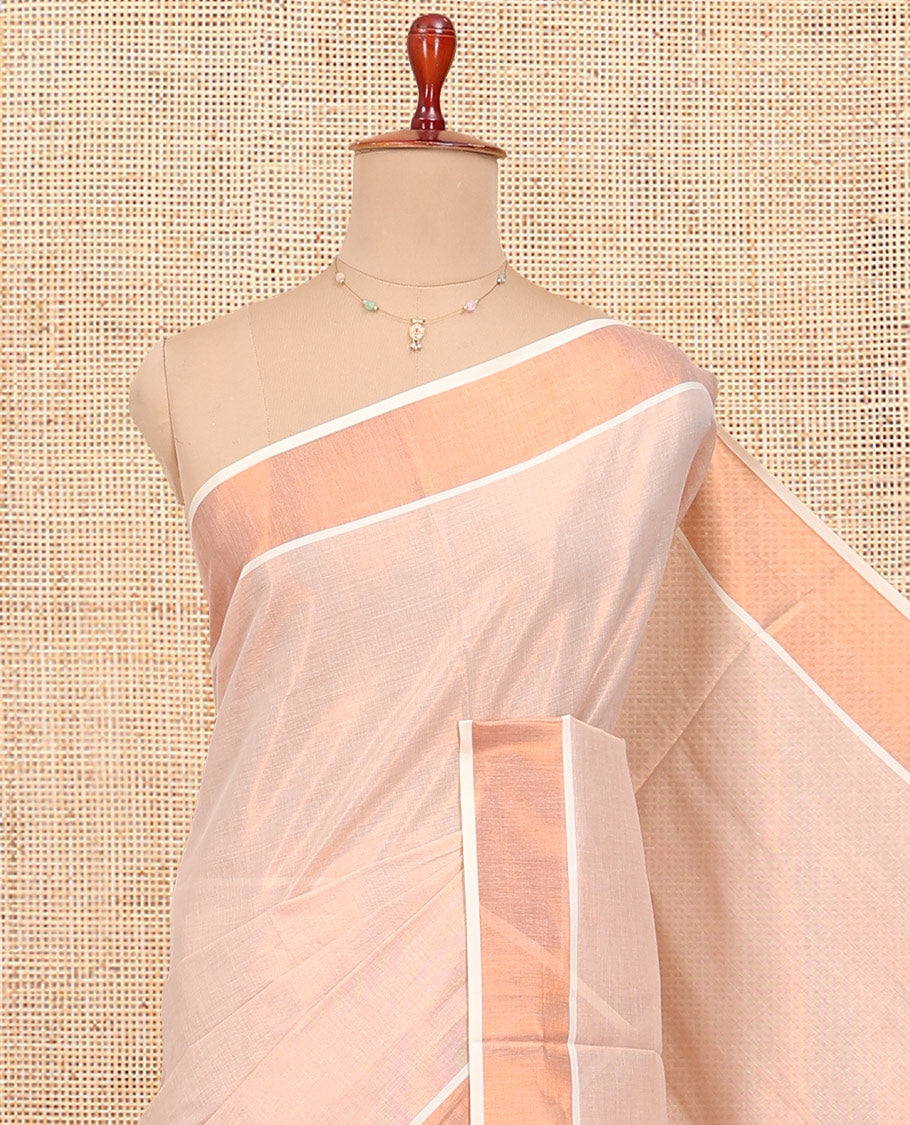 Rosegold Pink Plain Kerala Cotton Saree, a Zari Bavanji Border, a Self-Pallu, and Paired with a Matching Blouse