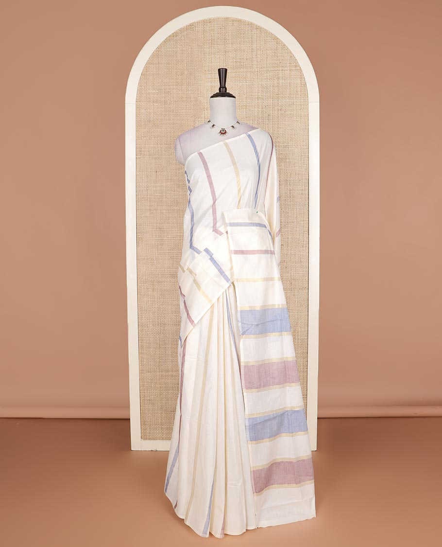 Borderless cream multi-color striped Kerala cotton saree, striped pallu