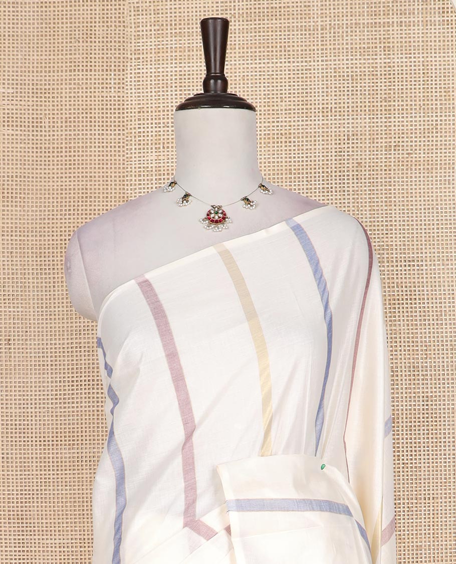 Borderless cream multi-color striped Kerala cotton saree, striped pallu