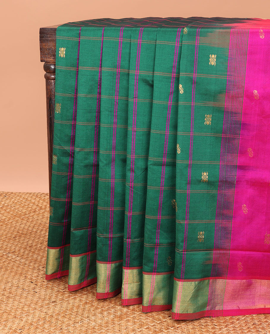 Green checked kuppadam cotton saree with buttas, striped border & contrast pallu of stripes
