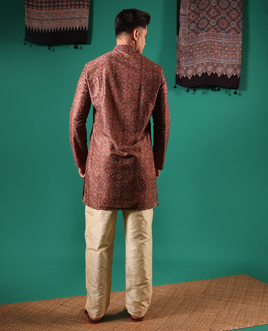 Brown jaal patterns printed with sequins embroidered full-sleeved men's kurta