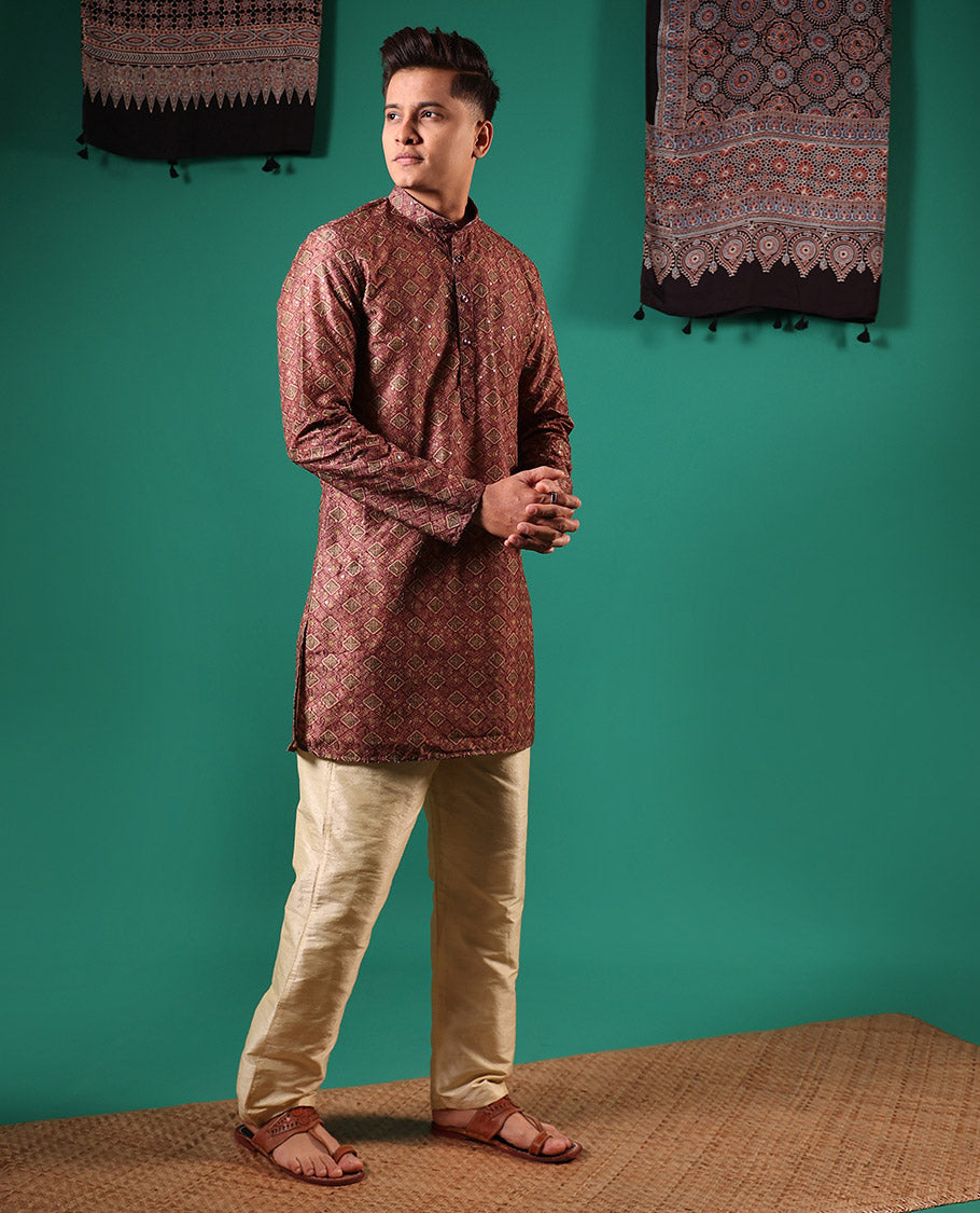 Brown jaal patterns printed with sequins embroidered full-sleeved men's kurta