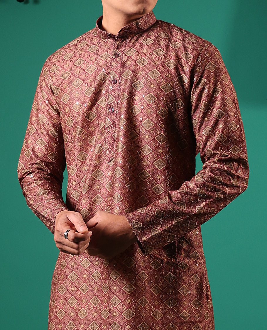 Brown jaal patterns printed with sequins embroidered full-sleeved men's kurta