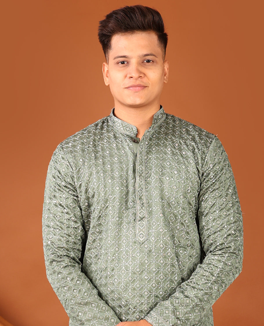 Green Jaal-Design Sequins-Thread Embroidered Full-Sleeved Men's Kurta
