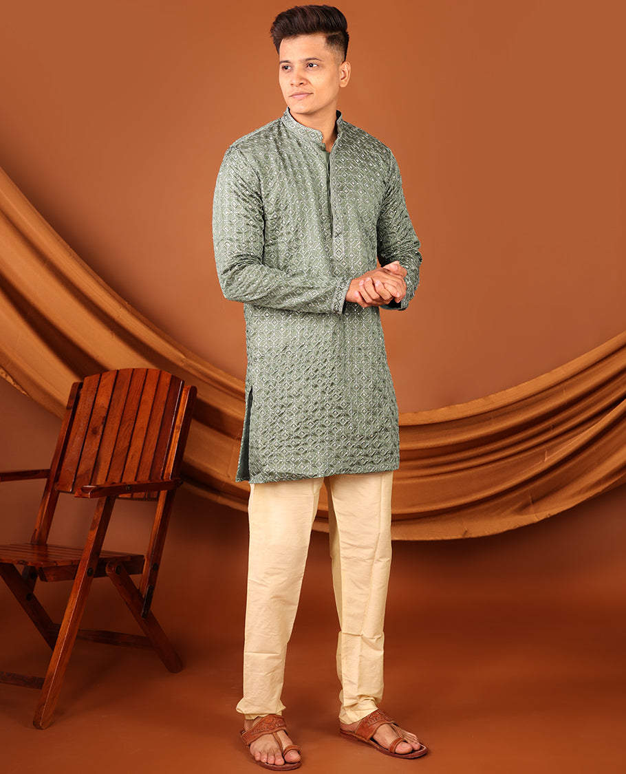 Green Jaal-Design Sequins-Thread Embroidered Full-Sleeved Men's Kurta