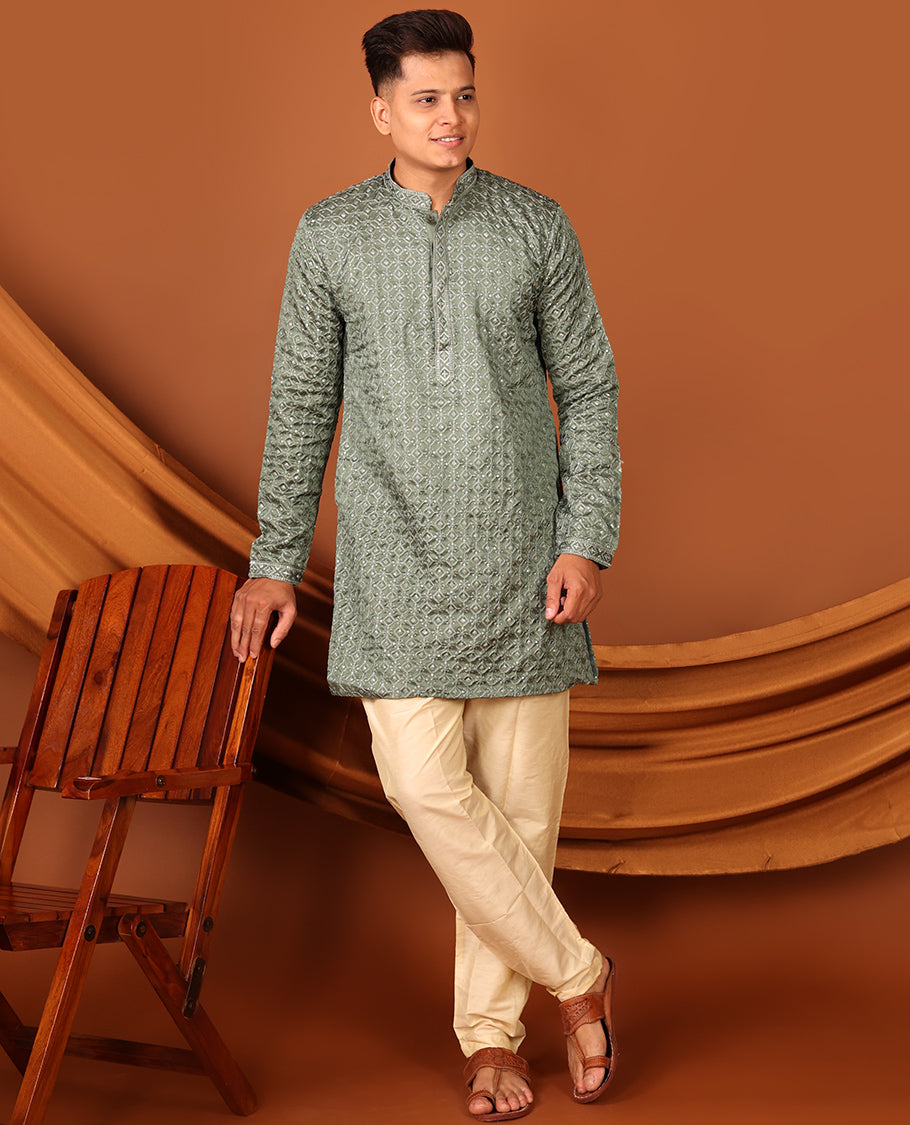 Green Jaal-Design Sequins-Thread Embroidered Full-Sleeved Men's Kurta