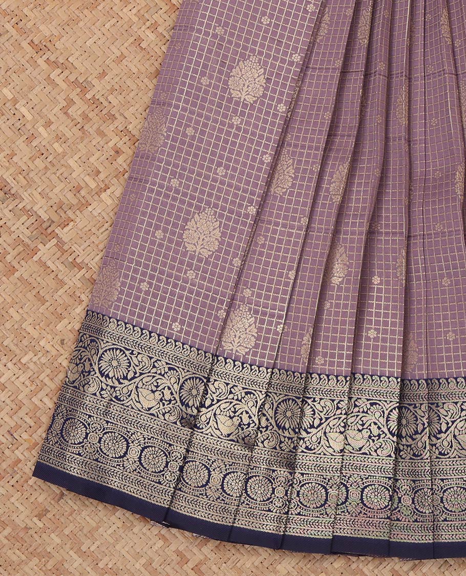 Purple Litchi Saree, Prettified with Zari Buttas and Checks, a Contrast Traditional Zari Border, Grand Pallu, and a Contrast Blouse