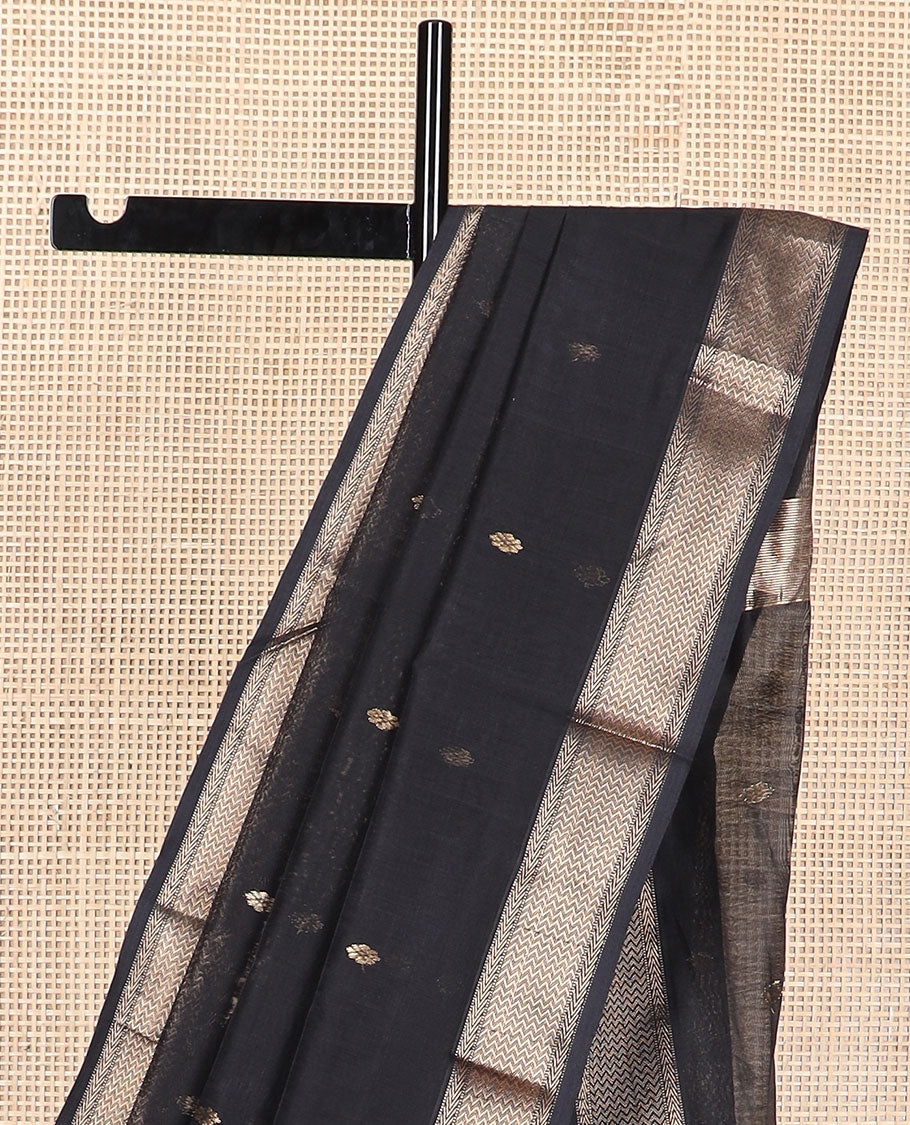 Black motifs maheshwari cotton saree with self zari design border & striped, floral design pallu