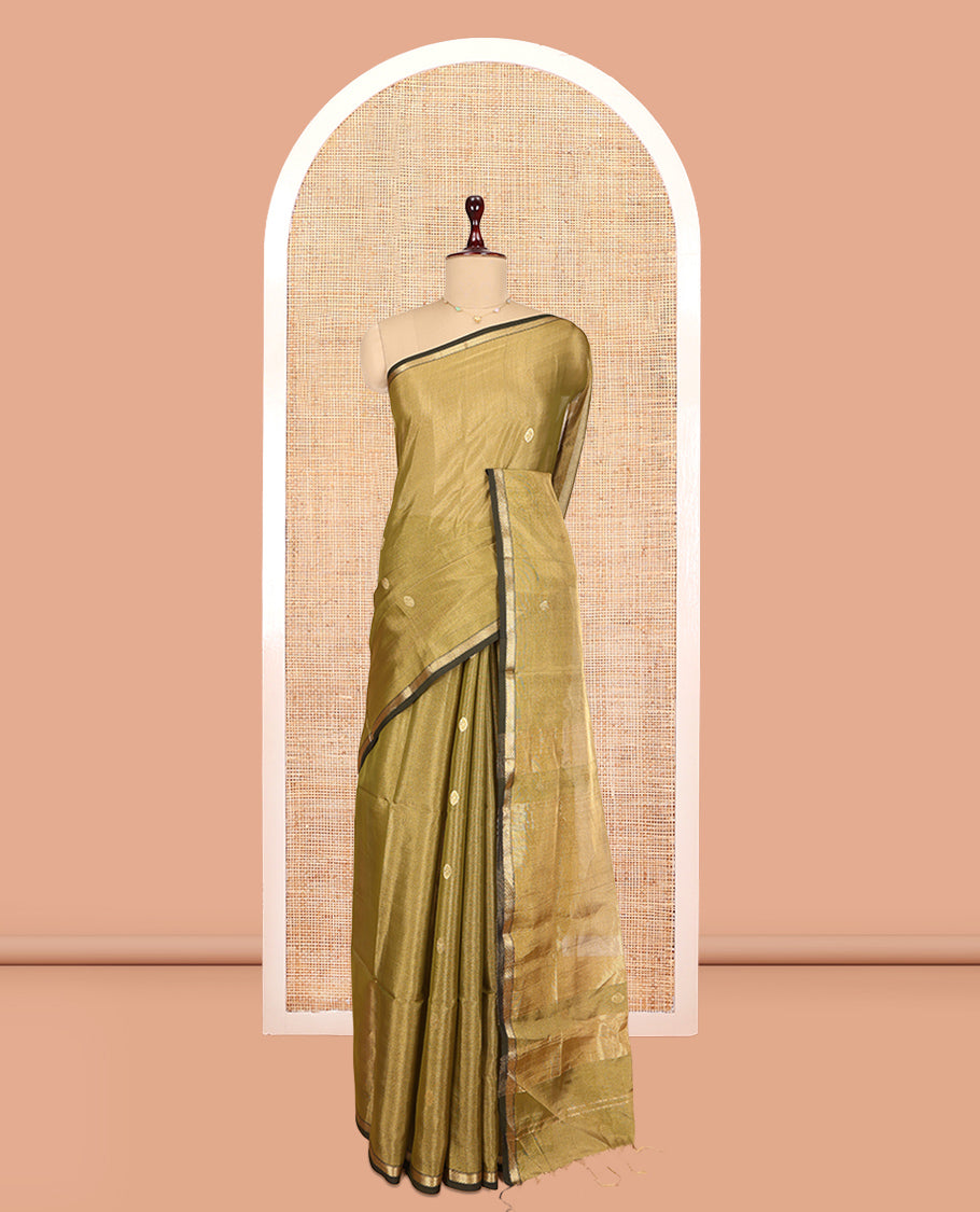 Green Maheshwari Cotton Saree, Crafted with Zari Buttas, a Contrast Zari Piping Border, Gleaming Zari Striped Pallu, and a Matching Blouse