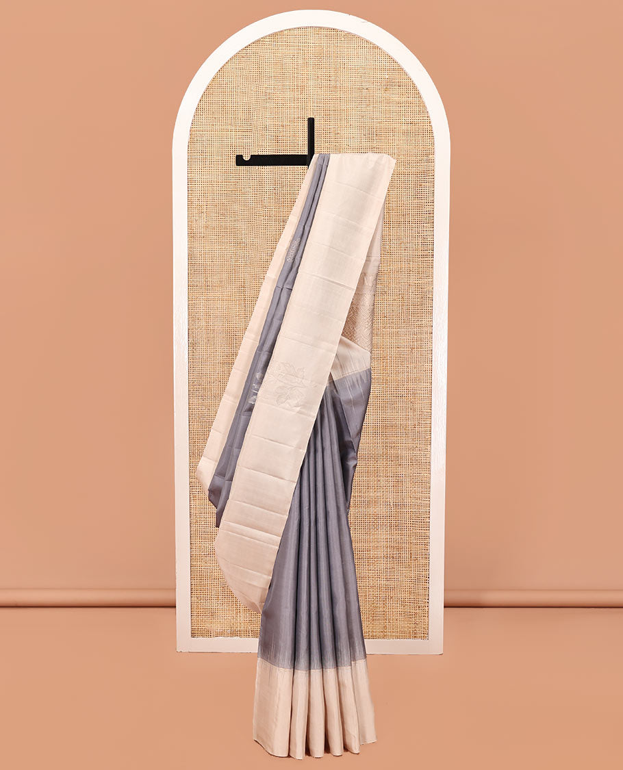 Grey Mayuri Soft Silk Saree, Elevated with Zari Buttas All Over Its Body, Complemented by Contrast Border, Intricately Designed Pallu, and Paired with a Contrast Blouse