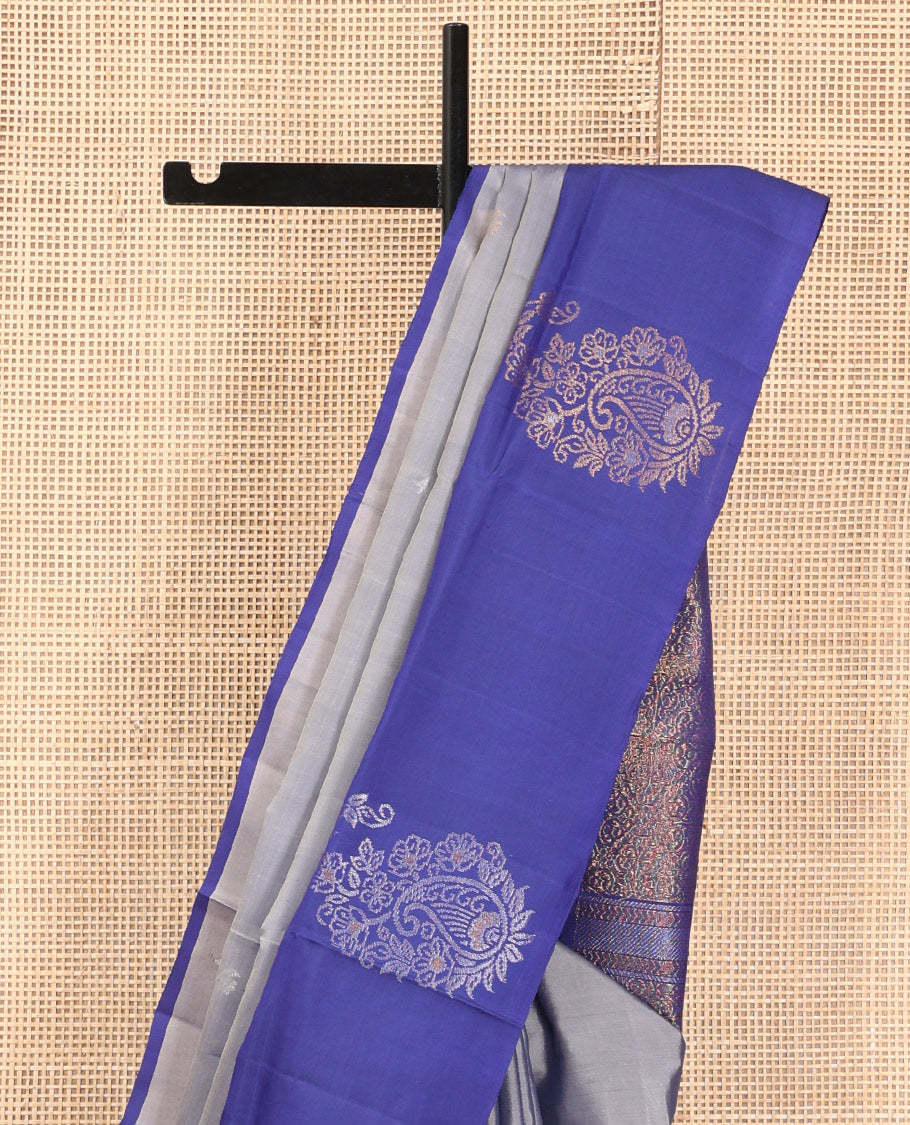 Blue Mayuri Lite Silk Mix Saree, Elevated with Floral Zari Buttas, Complemented By Contrast Border of Paisley Buttas, a Grand Jaal Pallu, and a Contrast Blouse
