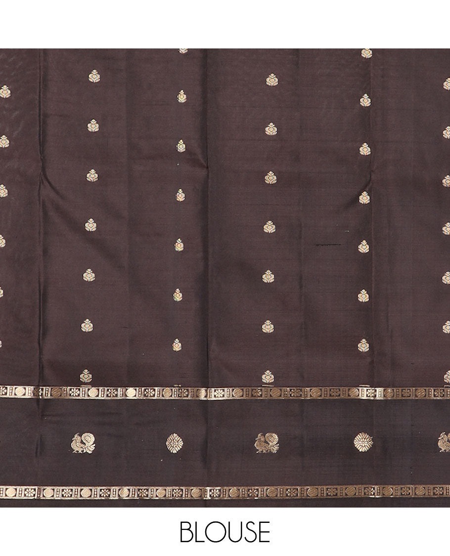 Turquoise zari buttas soft silk saree, contrast border of mayil chakram & kamalam designs & pallu of floral designs
