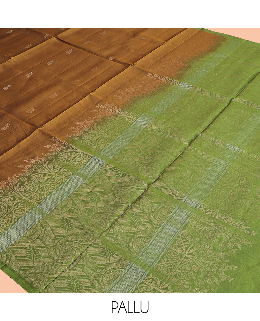 Brown Mayuri Lite Silk Mix Saree, Finely Crafted with Zari Buttas, Contrast Border of Floral Creeper Design, Pallu of Intricate Designs, and a Contrast Blouse