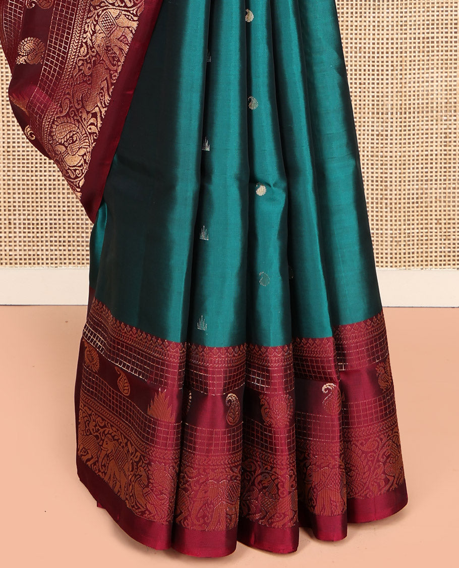 Green Mayuri Lite Silk Mix Saree, Features Rekku- Manga Buttas, Contrast Border of Rekku, Manga, Mayil and Yaanai, and Grand Pallu and a Contrast Blouse