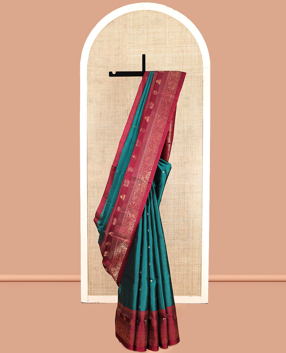 Green Mayuri Lite Silk Mix Saree, Features Rekku- Manga Buttas, Contrast Border of Rekku, Manga, Mayil and Yaanai, and Grand Pallu and a Contrast Blouse