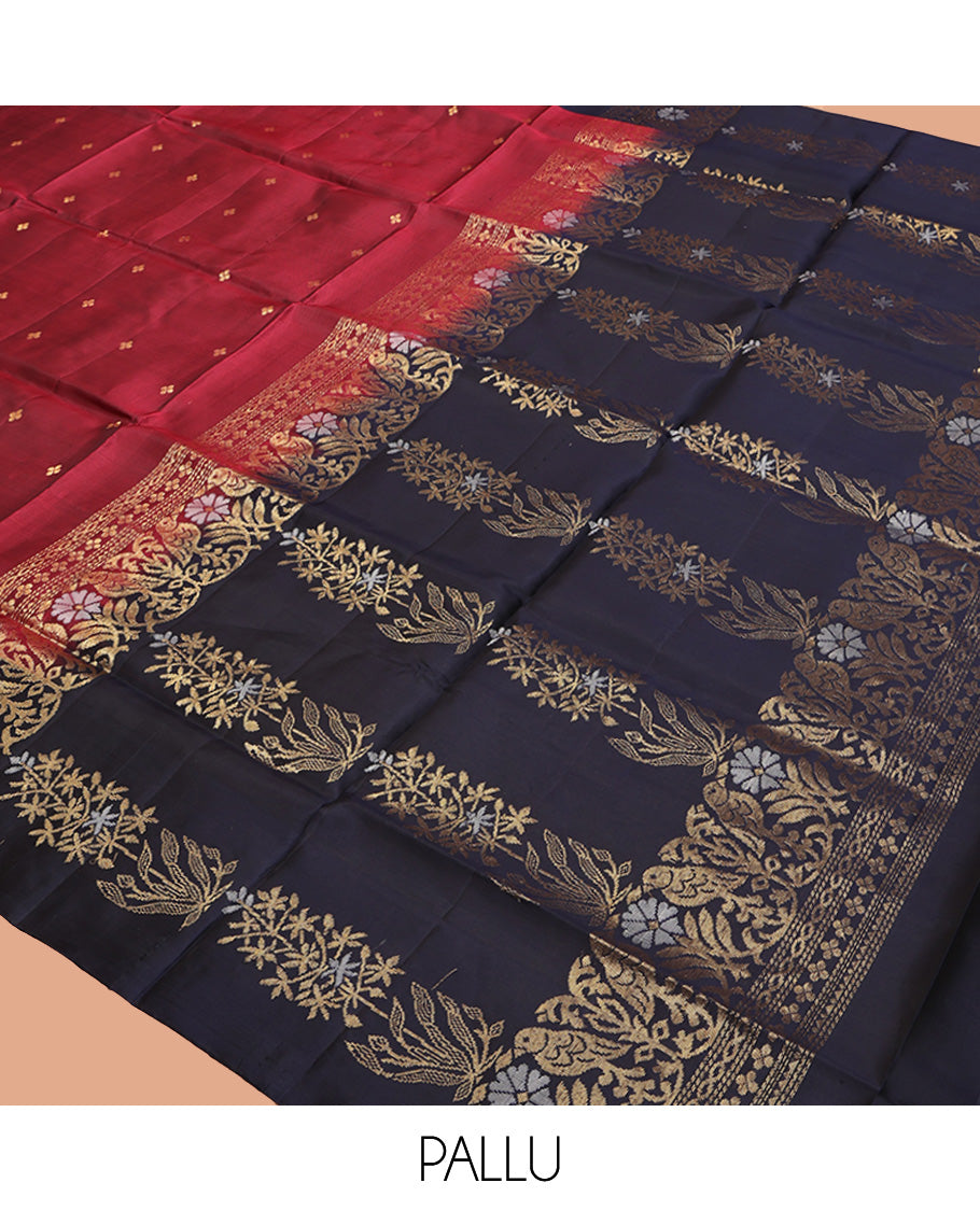 Red Mayuri Soft Silk Saree, Adorned with Zari Buttas, Complemented by a Contrast Floral-Bird Border, Pallu of Floral Design, and a Contrast Blouse