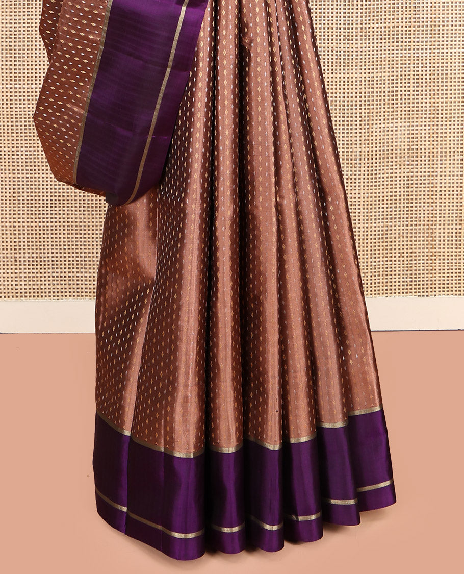Peach Mayuri Soft Silk Saree, Subtly Steeped with Buttas, Contrast Border, Pallu of Vanki Designs, and a Contrast Blouse