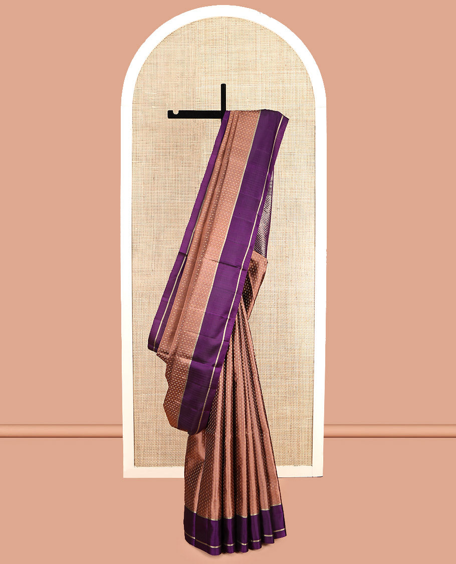 Peach Mayuri Soft Silk Saree, Subtly Steeped with Buttas, Contrast Border, Pallu of Vanki Designs, and a Contrast Blouse