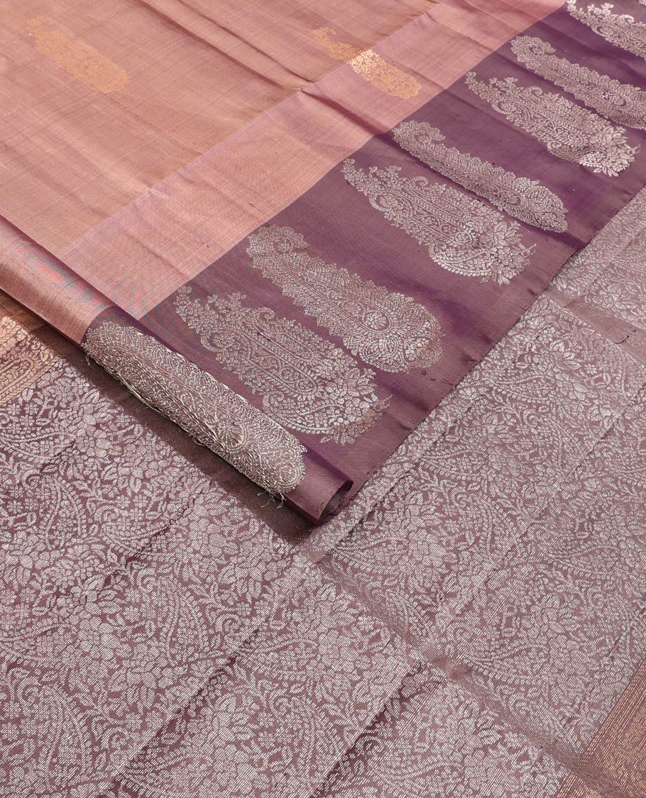 Brown paisley buttas soft silk saree, contrast paisley buttas woven border, and pallu of paisley jaal designs