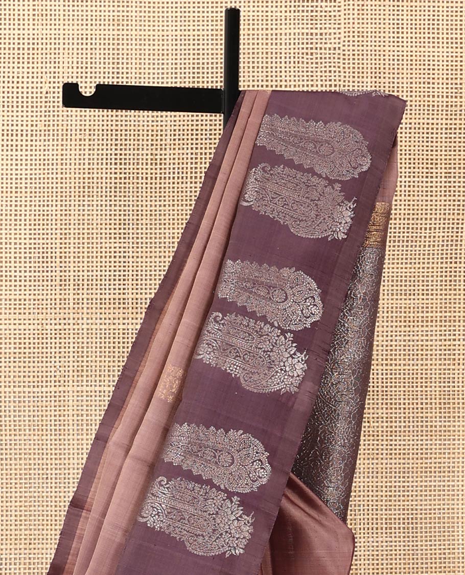 Brown paisley buttas soft silk saree, contrast paisley buttas woven border, and pallu of paisley jaal designs