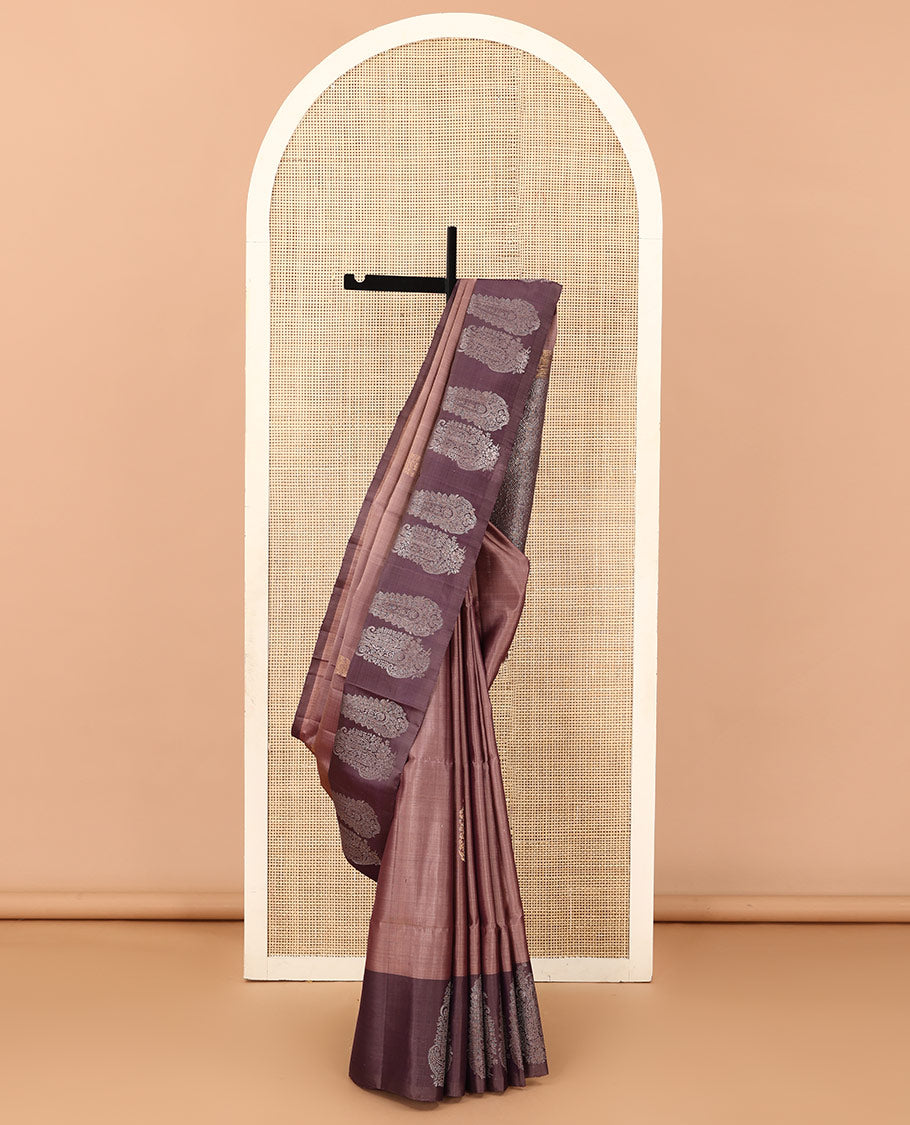 Brown paisley buttas soft silk saree, contrast paisley buttas woven border, and pallu of paisley jaal designs