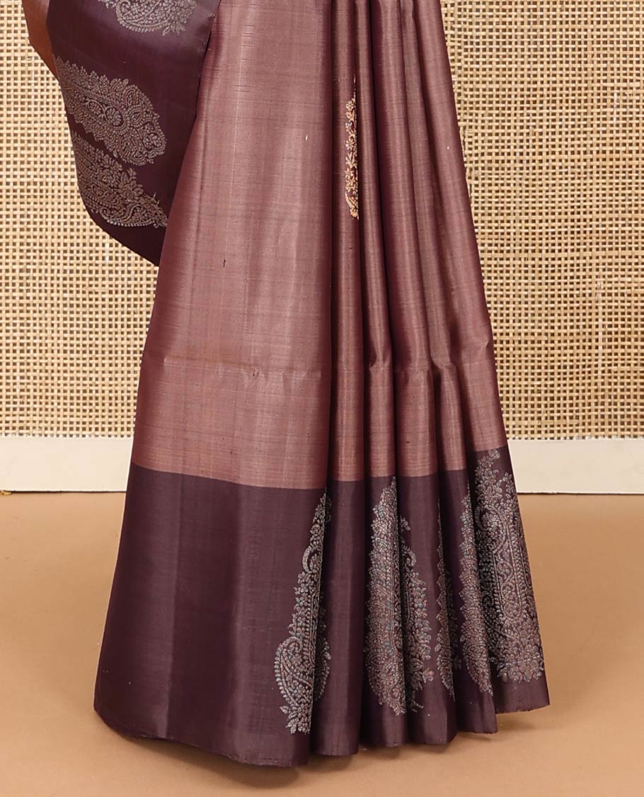 Brown paisley buttas soft silk saree, contrast paisley buttas woven border, and pallu of paisley jaal designs