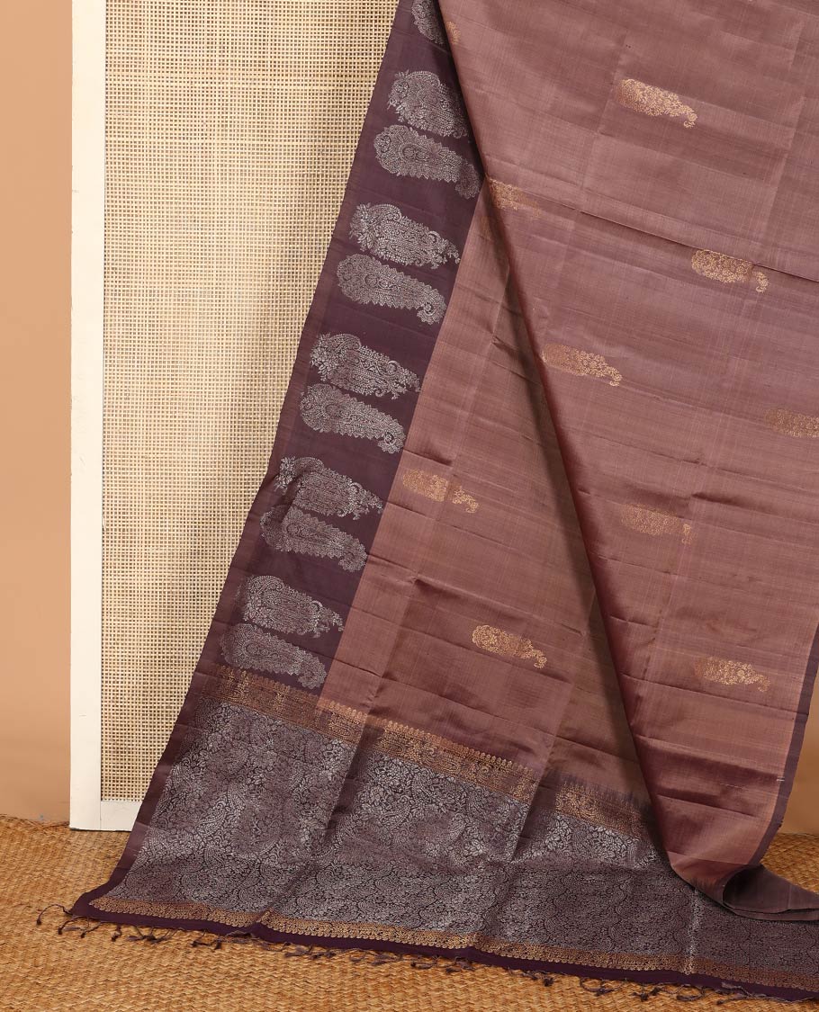 Brown paisley buttas soft silk saree, contrast paisley buttas woven border, and pallu of paisley jaal designs