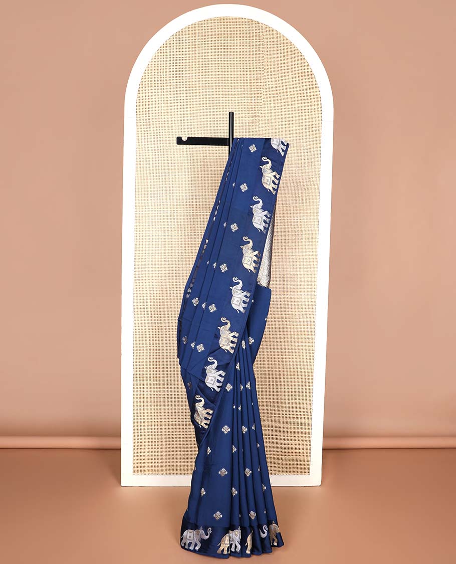 Blue floral motifs mushru silk saree with self elephant design border & argyle, elephant design pallu