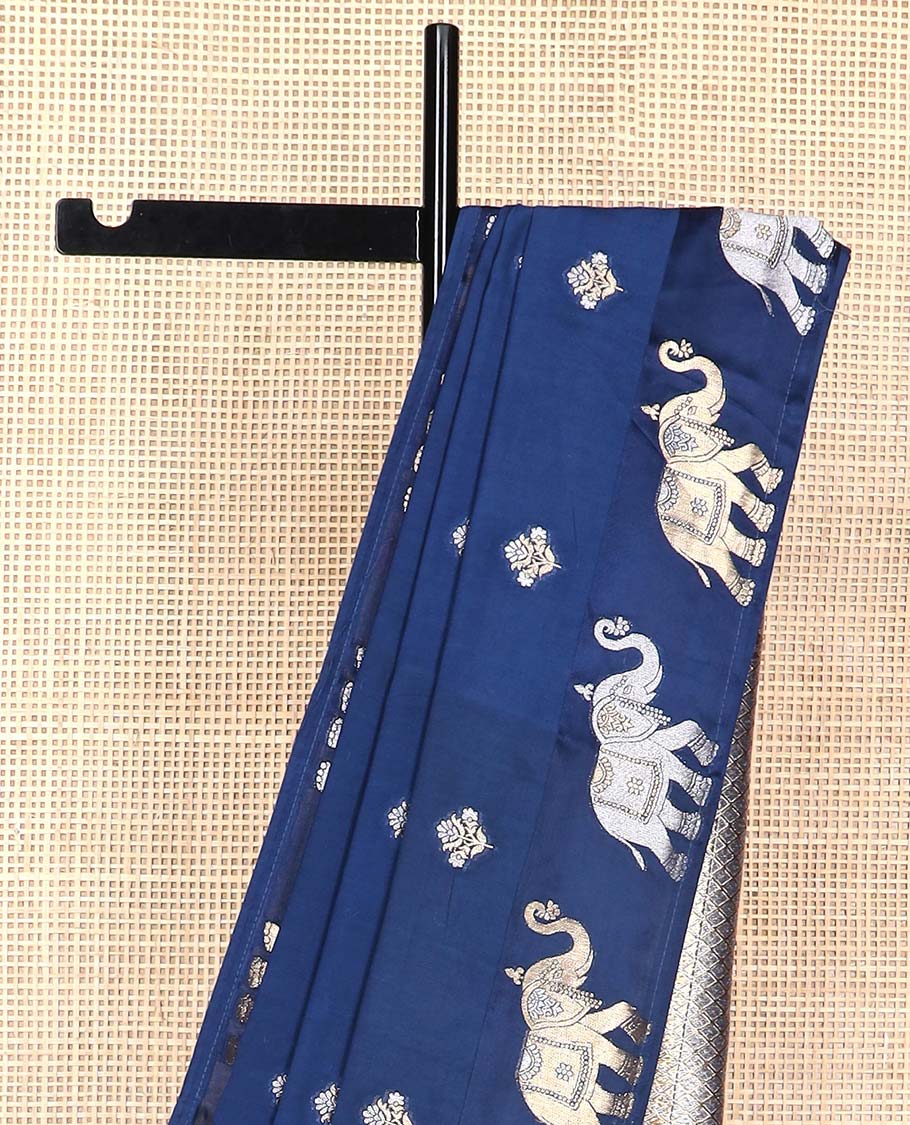 Blue floral motifs mushru silk saree with self elephant design border & argyle, elephant design pallu