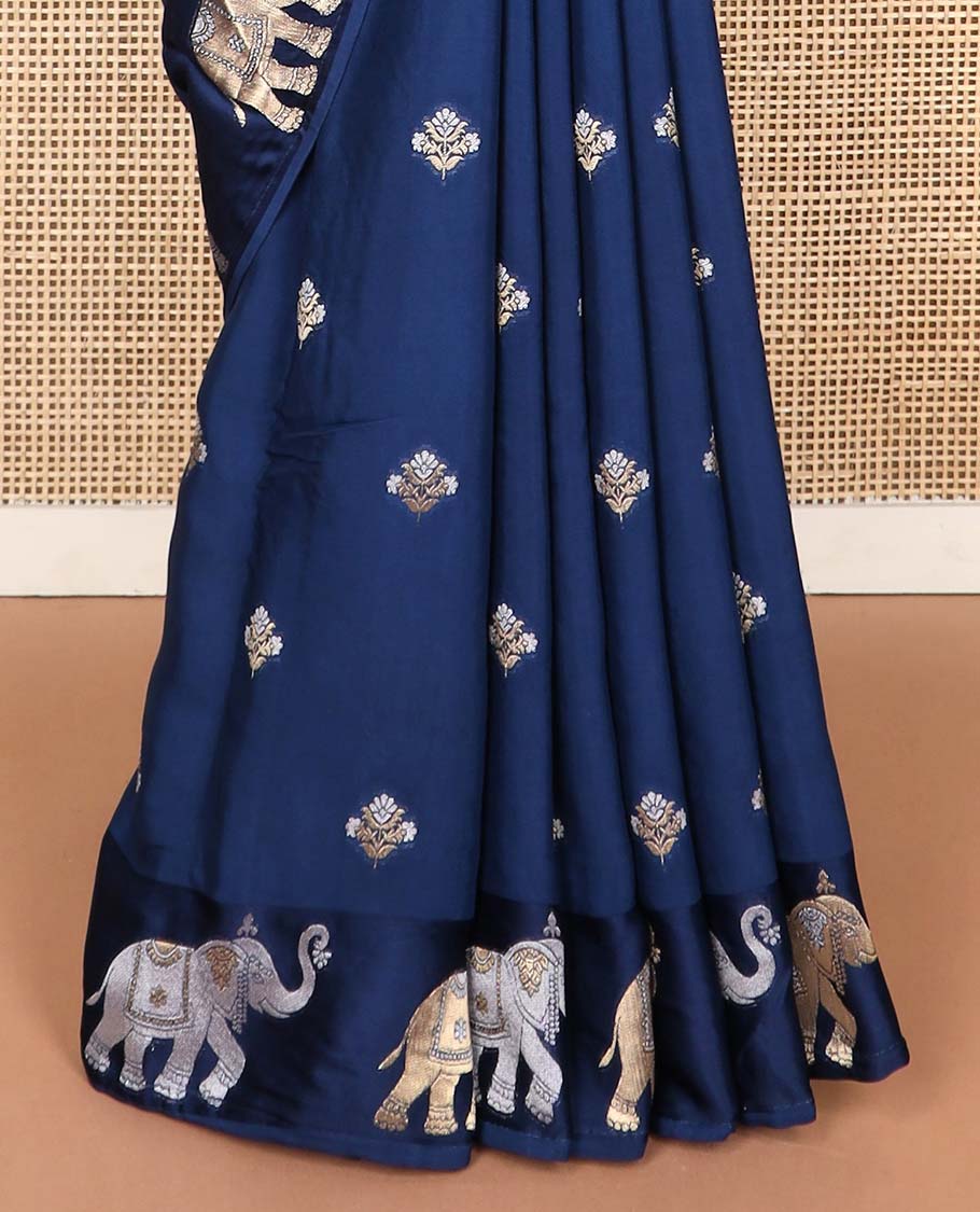 Blue floral motifs mushru silk saree with self elephant design border & argyle, elephant design pallu