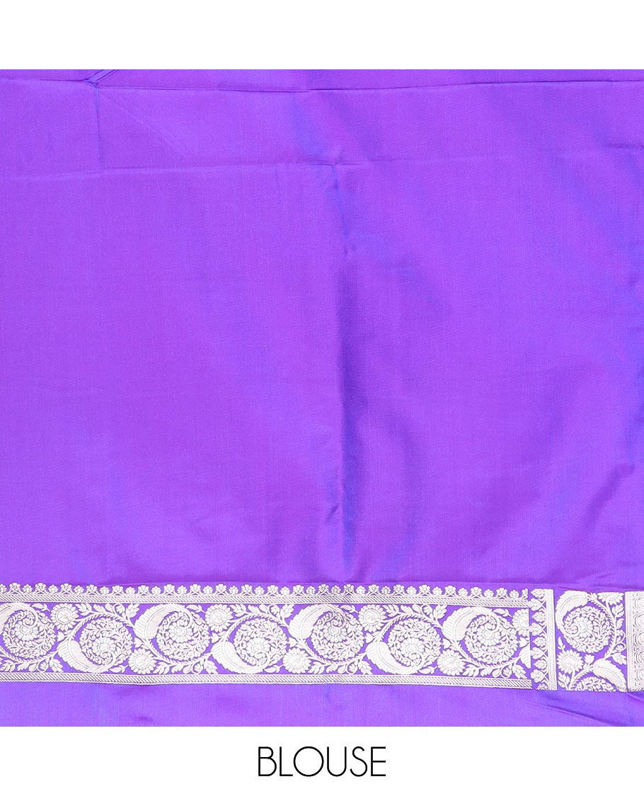 Violet zari buttas mushru silk saree, floral creeper design border, and intricately designed pallu
