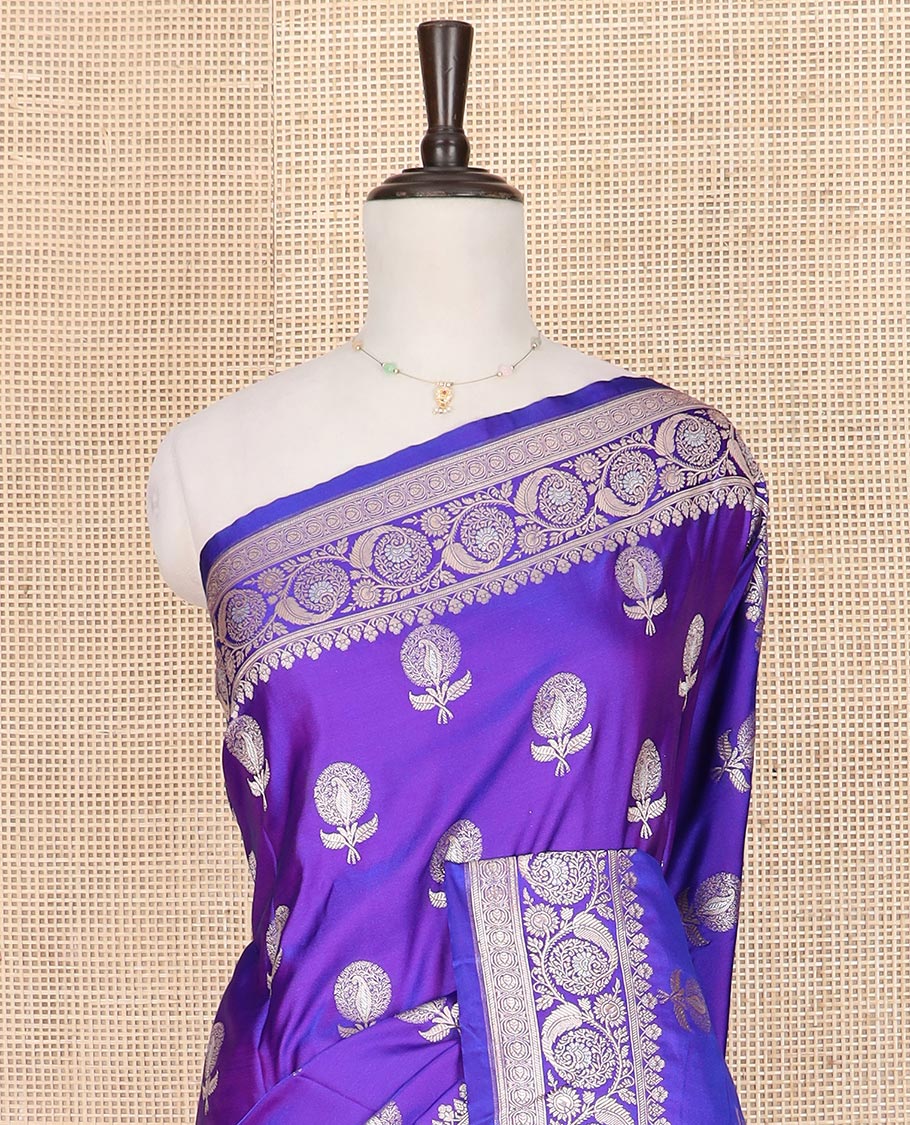 Violet zari buttas mushru silk saree, floral creeper design border, and intricately designed pallu
