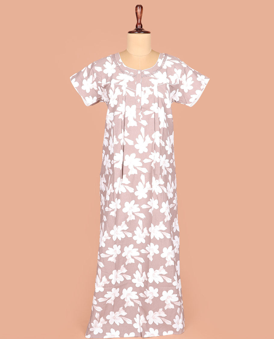 Grey Cotton Nighty Detailed with Silhouette Floral Motifs Print, Featuring Lace Work, Round Front Neck, and Half Sleeves