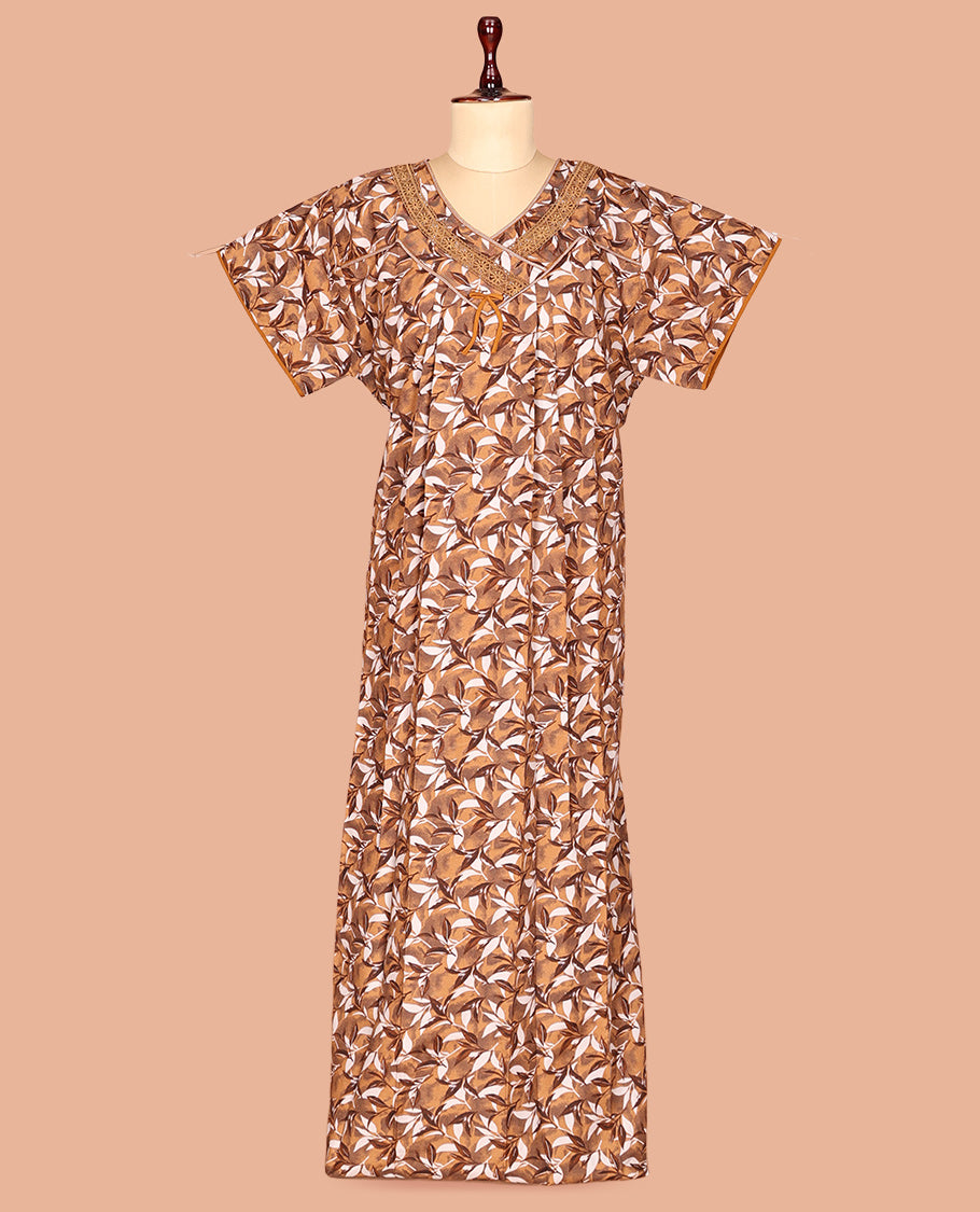 Brown Leaf Print Cotton-Blended Nighty