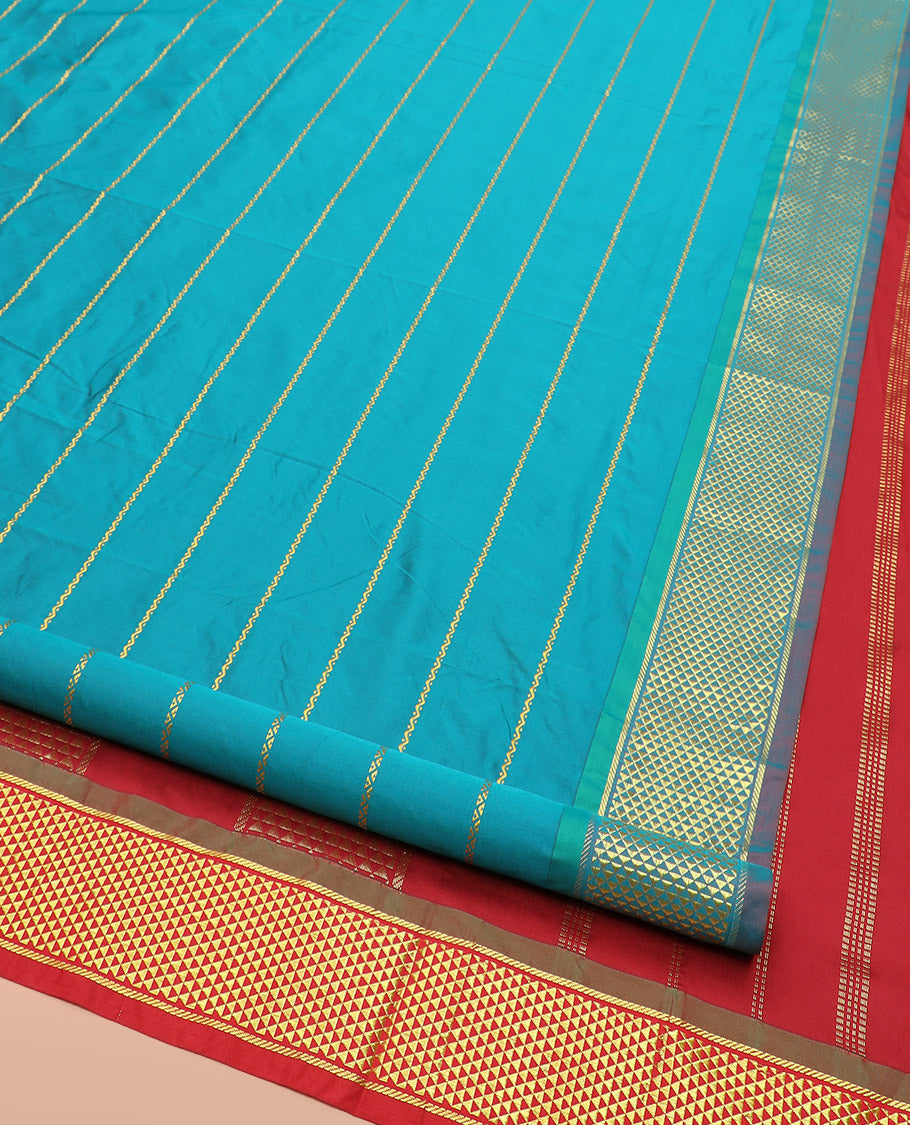 Blue Ten-Yard Art Silk Saree Accentuated with Neli Stripes, Complemented by a Contrast Traditional Ara Maadam Border, and Pallu Elevated with Zari Designs