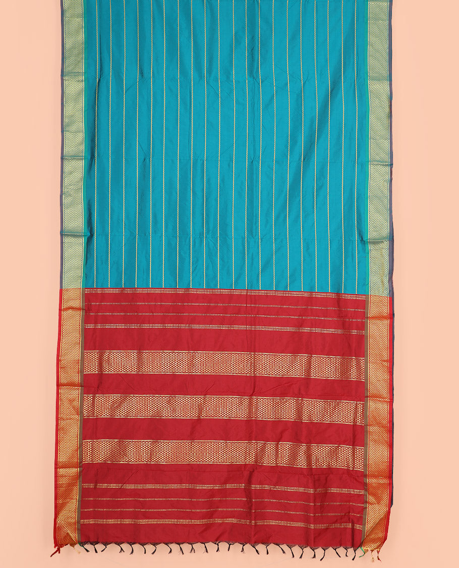 Blue Ten-Yard Art Silk Saree Accentuated with Neli Stripes, Complemented by a Contrast Traditional Ara Maadam Border, and Pallu Elevated with Zari Designs