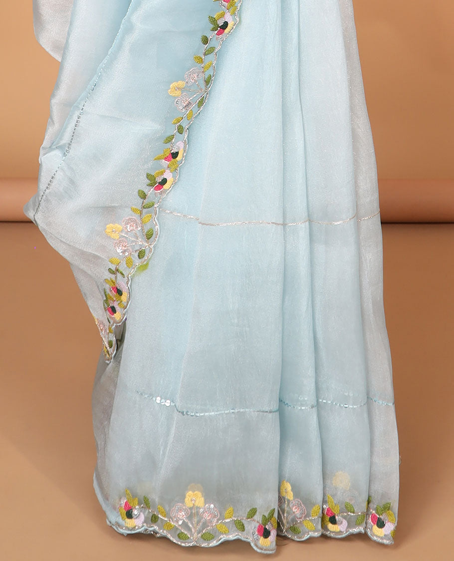 Light blue sequins embroidery organza saree with self floral embroidery, scallop border