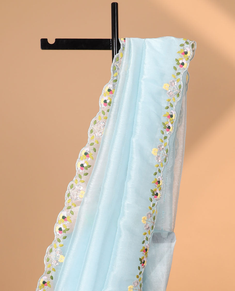 Light blue sequins embroidery organza saree with self floral embroidery, scallop border