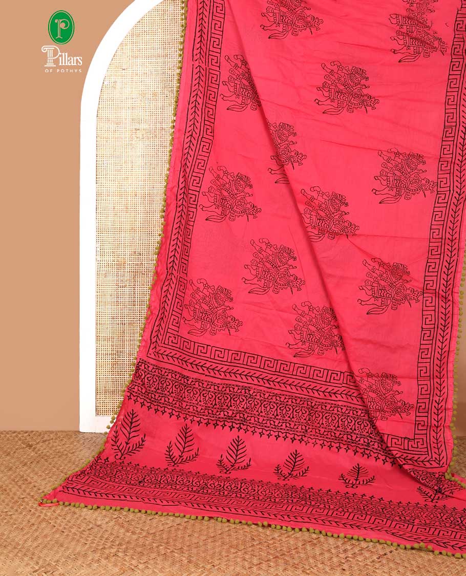 Pink block printed soft cotton saree with bom bom lace border & printed pallu along with plain blouse