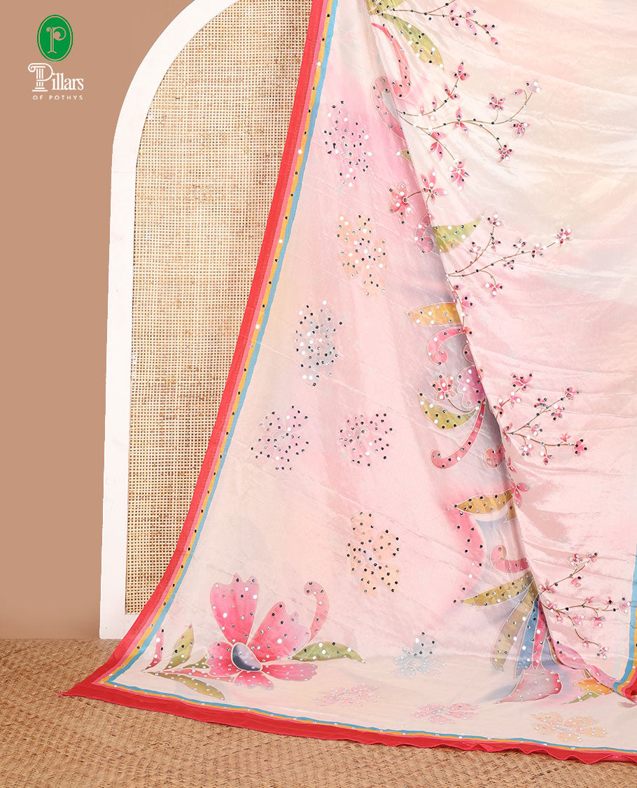 Cream floral printed, mirror work masakali saree with printed, mirror work border & printed pallu along with plain blouse