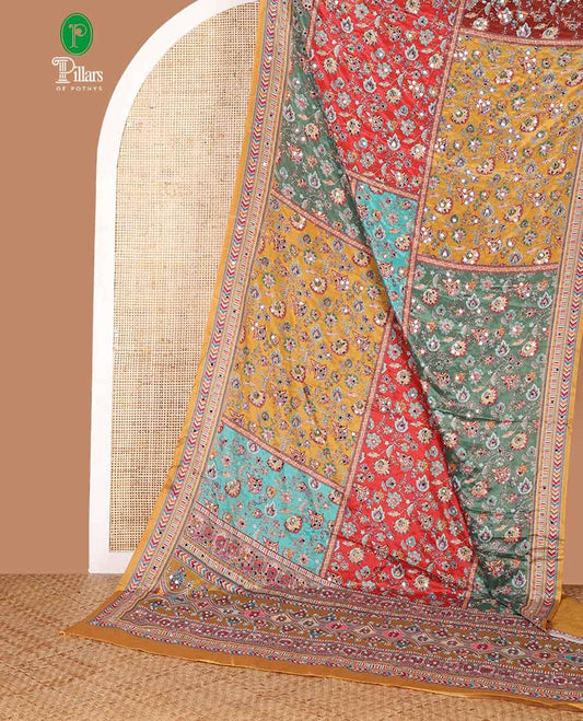 Multi-color geometric design masakali saree with printed, mirror work border & printed, mirror work pallu along with plain blouse