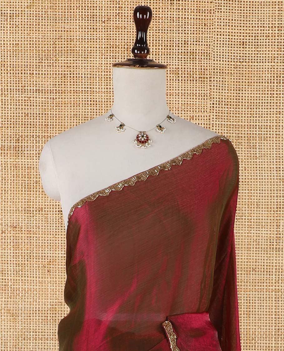 Magenta fendy chiffon saree with hand work border & self pallu along with hand work blouse