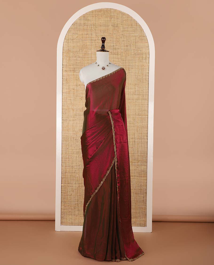 Magenta fendy chiffon saree with hand work border & self pallu along with hand work blouse