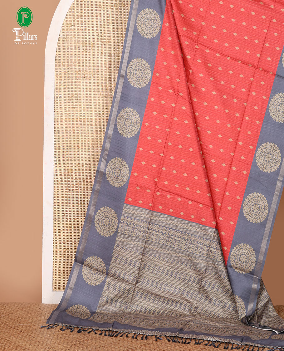 Rust stripes & thread buttas Kathan silk saree, contrast chakram motif border, jaal print pallu & contrast jaal print blouse