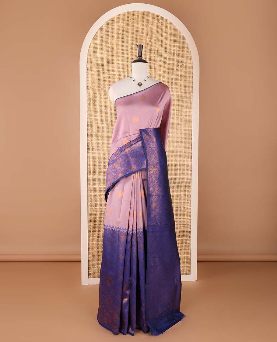 Borderless lavender-blue zari buttas & half-&-half vanasingari-style flora-fauna woven kanchi silksaree,self-pallu & blue blouse of zari brocade