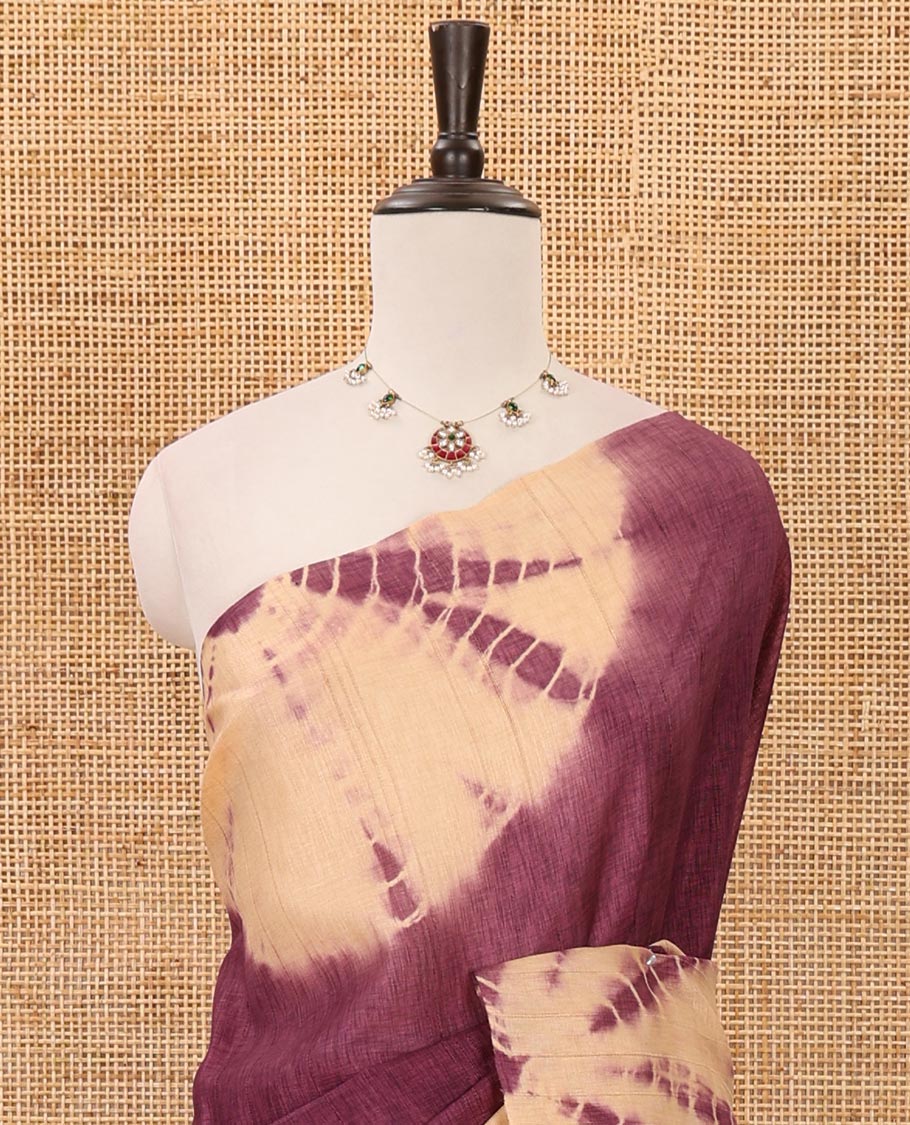 Borderless violet shibori-printed jute tussar silk saree, contrast shibori-printed pallu & contrast blouse
