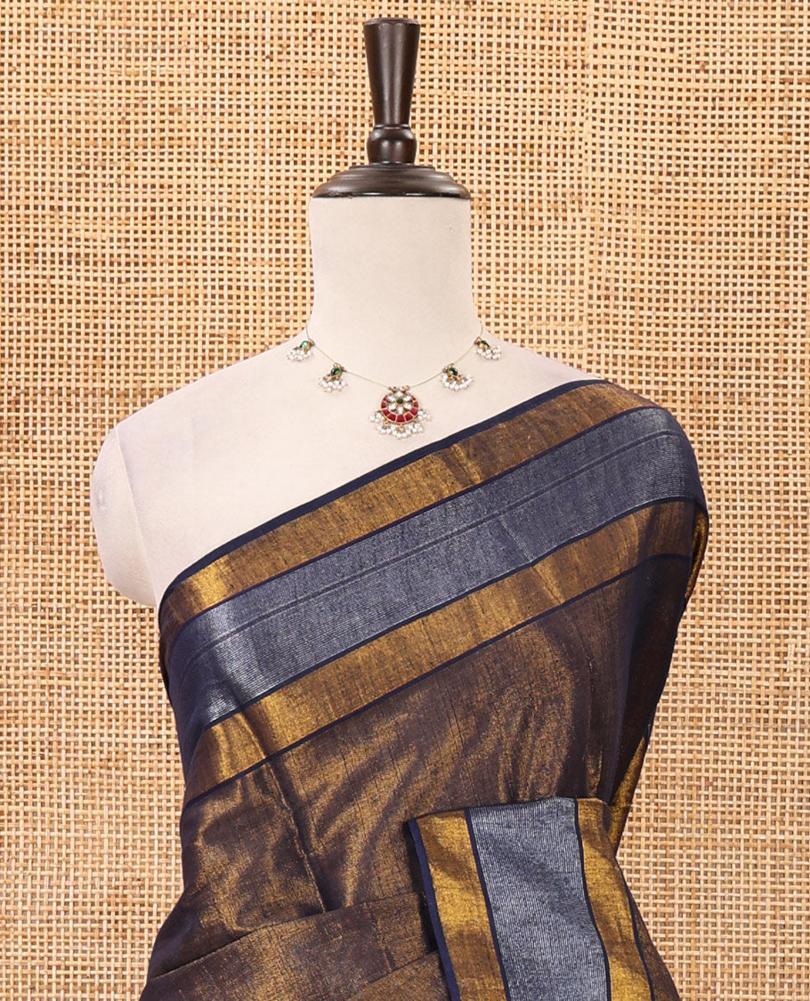 Navy blue gold zari tissue-style sungudi cotton saree, silver-lined border, silver-lined pallu & matching striped Navy blue blouse